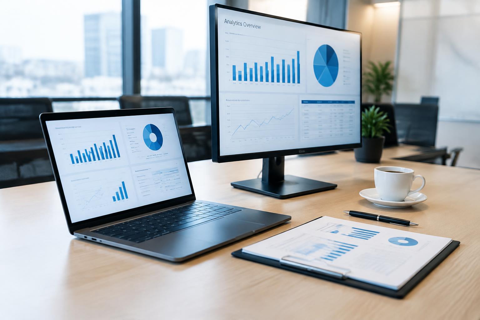 Mesa de trabalho corporativa com computador, notebook e gráficos de análise, sem pessoas
